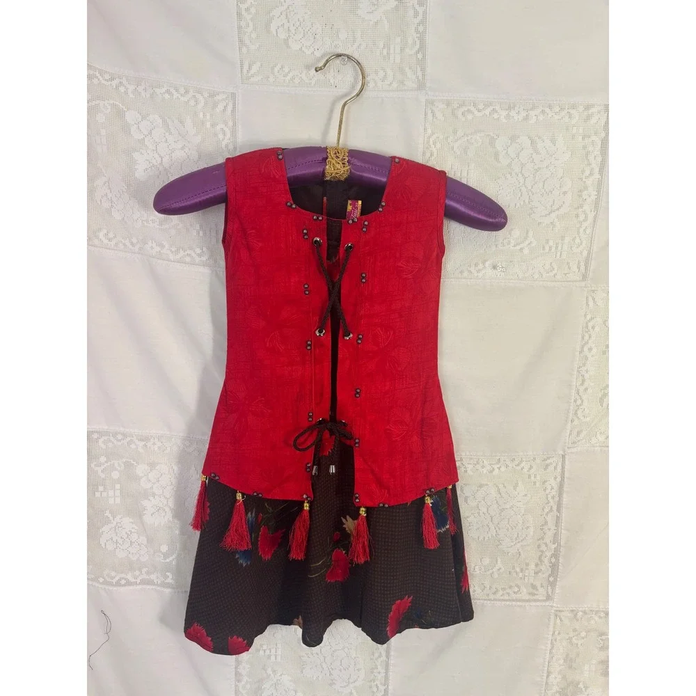 Little Girl's Vintage Red+Brown Folk‎ Dress